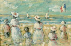 J. Bryan (20th Century), 'Elegant Ladies on the Beach', oil on panel, signed, 12