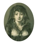 A 19th Century engraving of a bust length portrait of a female in a headdress, 8.5