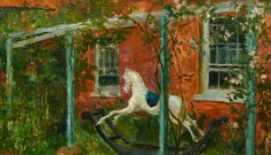 Flavia Blois (1914-1980), a rocking horse in a floral garden, oil on board, signed, 12