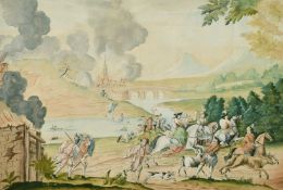 19th Century French School, A scene of figures escaping from a sieged town, watercolour, 13