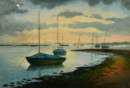 H. A. Williams (20th Century) boats at anchor in an estuary at dusk, oil on canvas, signed, 22
