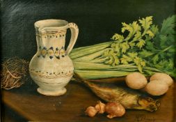 Duranty, French School 19th Century, A still life study of mixed objects on a tabletop, oil on