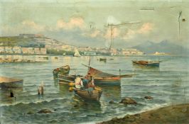Italian School, Fishing boats in a bay, oil on canvas, indistinctly signed, 11.75