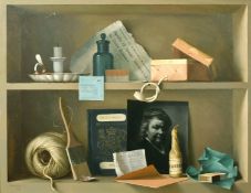 Gerald Norden (1912-2000) British, a trompe l'oeil scene of objects on a shelf, oil on board, signed