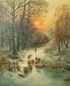 Daniel Sherrin (1869-1940) British, a shepherd and his flock moving onto snowy open pastures, oil on