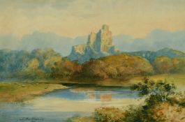 J MacDiarmid (19th /20th Century) A view of castle ruins on a hilltop with a river and grazing