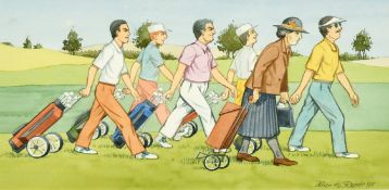 Hugo de Reede, Humorous golfing scene with men pulling golf trolly's and a lady pulling her shopping