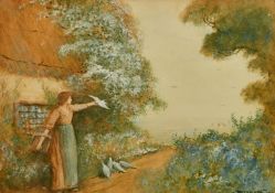 Fred Hines (act. 1875-1928), A lady feeding doves, watercolour, 10.5