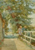 Charles Haigh-Wood (1854-1927). Children on a bridge with trees beyond, watercolour, signed, 19