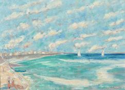 Paul Beauvais, figures on a beach with sailboats in the distance, oil on board, signed, 18