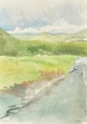 Howard J. Morgan (b. 1949), A landscape over fields with hills beyond, watercolour, signed and