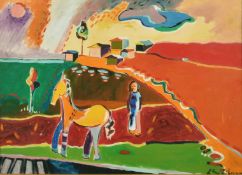Luciano Schifano (b.1943) Italian, Paesaggio Campestre, figure and a horse in a colourful landscape,