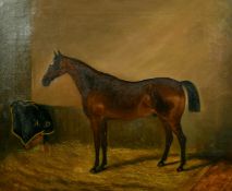 19th Century English School, a chestnut horse in a stable with initials A. D., oil on canvas, 20