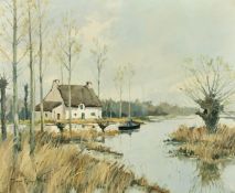 Marcel-Georges Hue (b.1907) French, a figure in a boat and a cottage on a river, oil on canvas,