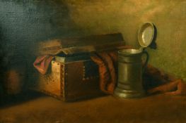 English School, circa 1903, a still life of a pewter tankard and other objects, oil on canvas,