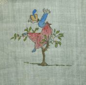 A set of six of characters from Edward Lear limericks, watercolours on fabric, each 7