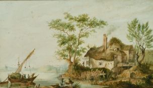 19th Century School, A coastal scene with a thatched cottage and figures loading a boat in the