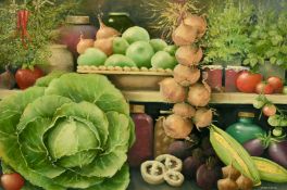 Jean Westgate, 20th/21st Century, 'Country Store' A still life of vegetables and provisions, oil