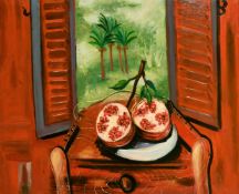 20th Century School, a still life of pomegranate with palm trees in the distance, oil on canvas, 24