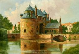 19th Century French School, a view of a town by river, oil on panel, 9.25