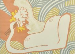 Edwina Sandys (b. 1938) British, a reclining female nude with flowers, colour print, signed and