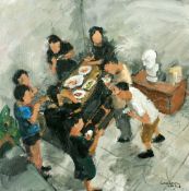 Contemporary Asian School, Figures seated and standing around a dining table, oil on canvas,