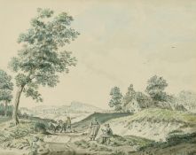Manner of Paul Sandby (1731-1809) British, Figures and animals on a path with a town beyond,