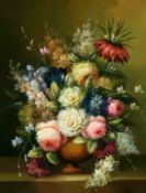 D. Warren (20th Century), a still life of mixed flowers on a marble ledge, oil on board, signed, 16