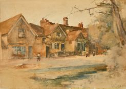 John Terris, 'Shere Village, Surrey', figures outside a terrace of houses, watercolour, signed, 9.