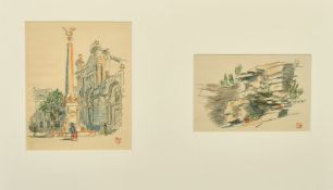 Early 20th Century, A set of four sketches of various scenes, all signed with an ink stamp, framed