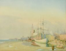 Watson Charlton (b.1887-?), 'Shipping in a dock with a minaret beyond', watercolour, signed, 15.