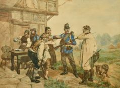 19th Century, Soldiers conversing and drinking with villagers outside a dwelling, watercolour, dated