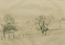 Charles Agard (1866-1950) Trees and a farmstead, pencil drawing, 10.25