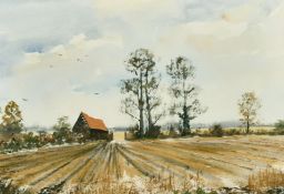 Circle of Rowland Hilder (1905-1993) British, A view across a ploughed field towards a barn and a