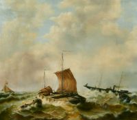 H. Marris? (20th Century), fishing boats and a paddle steamer in choppy seas, oil on canvas, signed,