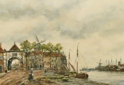Jan Van Couver (1864-1910) Dutch, A Dutch port scene with a figure loading produce onto a boat