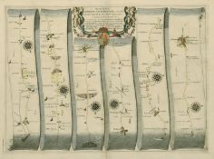 The Road from London to Chichester, by John Ogilby, sheet 39, hand coloured engraving, 17th Century,