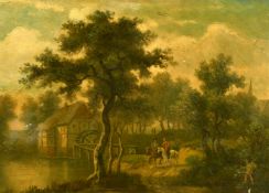 19th Century School, possibly Dutch, A scene of figures on horseback by a watermill, oil on mahogany
