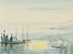 M. Thein, A pair of watercolours, 'Moonlight and Mandalay Burma' 8.5