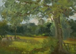 English School, Circa 1911, cattle grazing by the shade of a tree, oil on panel, indistinctly signed