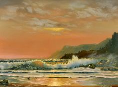 Delmary Dennis, A Hawaii shore scene at sunset, oil on board, signed and with inscription and