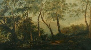 19th Century, 'Near the black pool', Landscape with trees and figure seated by a shelter, oil on