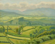Robert Morson Hughes (1973-1953) British, patchwork fields with hills beyond, oil on board,