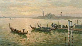 Vladimir Belskiy (b.1949) Russian, a view of Venice with figures by gondoliers in the foreground,