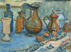 Modern British, 20th/21st Century, still life of jugs, bottles and fruit, oil on canvas, 12