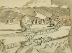 John Nash (1893-1977) British, 'Harvesting Below Whiteleaf Cross, Buckinghamshire', pen and wash, 8