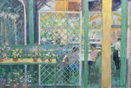 Leslie J. Brockhurst (20th Century), 'Tea at the Garden Centre', oil on board, signed, 15.25