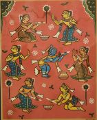 Jamini Roy (1887-1972) Indian, colourful female figures on a red background, watercolour, 14