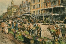 20th century South African School, Figures at a flower market (possibly Cape Town), coloured