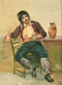 19th Century, A seated man playing cards, watercolour, initialed, 13.75
